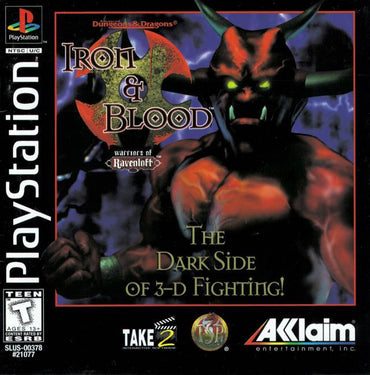 The cover art for "Advanced Dungeons & Dragons: Iron & Blood" by Acclaim features a menacing horned creature with glowing eyes, and the text "The Dark Side of 3-D Fighting!" Logos for PlayStation, Acclaim, and Take 2 Interactive are present. Rated Teen.