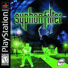 The "Syphon Filter" PlayStation game cover by Everything Games features a neon green and blue theme with a silhouetted agent aiming a gun, bio-warfare hints, tech graphics, the prominent "Syphon Filter" logo, ESRB's "Teen" rating, and logos of PlayStation and 989 Studios.