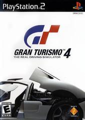 The cover of "Gran Turismo 4" by Sony Studios displays a blue and red stylized "GT" logo above the title, with the tagline "The Real Driving Simulator." A white sports car silhouette with open doors is featured below, emphasizing its racing appeal. It's rated "E" for Everyone.