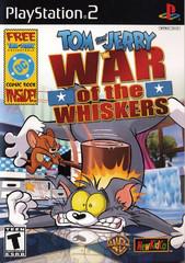 The PlayStation 2 game "Tom and Jerry War of the Whiskers" features an alarmed Tom as Jerry leaps at him, set against a comic-style brawl. It includes logos for Warner Bros, NEWKIDCO, and a DC Comics promotion sticker.