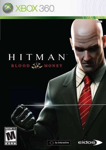 Cover art for Xbox 360's "Hitman: Blood Money" shows a bald assassin with piano wire, dressed in a suit and red tie, against a dark backdrop highlighting its stealth-action theme. Rated Mature 17+, features logos of Io-Interactive and Eidos.