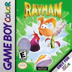 Cover art for Ubisoft's "Rayman" on Game Boy Color features the limbless Rayman, sporting orange hair and a red neckerchief, punching through against a backdrop of green explosions with white splashes. The "Only for Game Boy Color" label is in the bottom right corner.