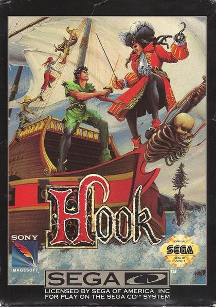 The cover art for the Sega CD game "Hook," by Sony Imagesoft, features a pirate-themed scene in Neverland. A pirate in a red coat duels a young man in green on a ship, with a pirate ship, red skull-and-crossbones flag, and clouds in the background. The title "Hook" is prominently displayed at the bottom.