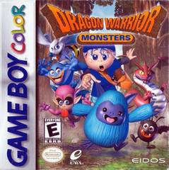 The "Dragon Warrior Monsters" Game Boy Color cover highlights monster taming adventures, with a young character in blue encircled by vibrant creatures like a large grinning blue monster. The prominent title and "Everyone" ESRB rating are displayed, alongside Enix and Eidos logos at the bottom.