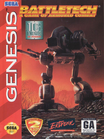 The cover art for Extreme's "Battletech: A Game of Armored Combat" on Sega Genesis showcases a large combat mech in a desert, highlighting tactical combat. Bold red title, logos "16 Megs of Power!" and "Cooperative Two Player," rated GA by V.R.C., with Genesis logo on the left.