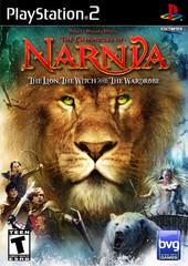 The cover art for Buena Vista Games' PlayStation 2 title, "The Chronicles of Narnia: The Lion, the Witch, and the Wardrobe," from their brand features a large lion's face centrally. Below are characters including a witch and warriors in action poses. The PEGI rating is visible as "Teen.