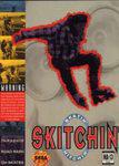 The cover art for Electronic Arts' Sega Genesis action-racing game "Skitchin" features a silhouetted skateboarder against a blurred backdrop. The left side has warnings and details, while the title "Skitchin" is boldly displayed at the bottom center, with the iconic Sega logo clearly visible.