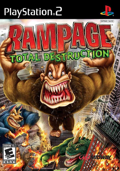 The cover art for Midway's "Rampage: Total Destruction" on PlayStation 2 highlights city-smashing excitement, featuring giant monsters causing chaos. A fierce gorilla, menacing lizard, and snarling wolf take center stage amid collapsing skyscrapers in this thrilling monster-brawling adventure, rated Everyone 10+ by the ESRB.