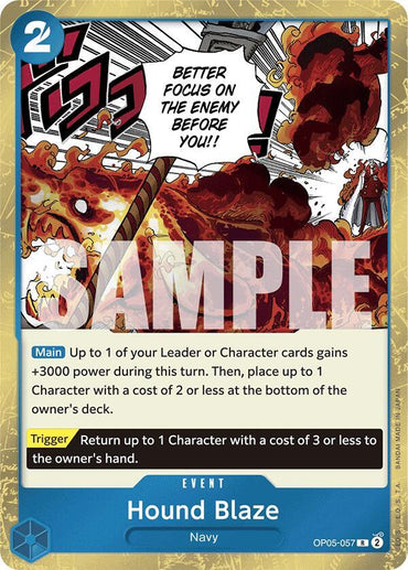 The rare "Hound Blaze (Jolly Roger Foil)" card from Bandai's Premium Booster -The Best- features a comic-like explosion and flames. It requires a cost of 2 and enhances character power while allowing you to return one to the owner's hand, urging players to "focus on the enemy before you!.