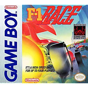 The "F1 Race" cover by Nintendo showcases a stylized red race car with bold yellow-orange speed streaks. It promises a thrilling Formula 1 racing experience for up to four players, featuring retro gaming vibes, Nintendo logos, and the Game Link logo on a white backdrop.