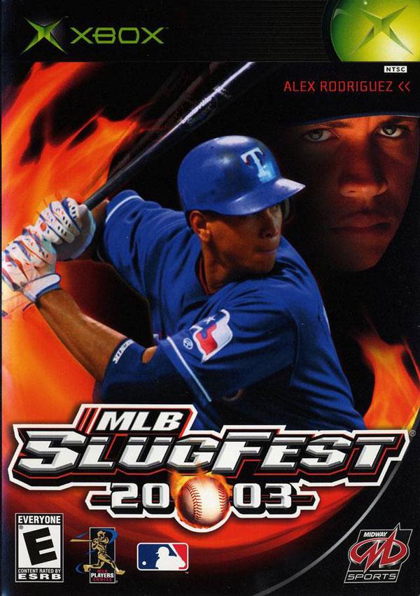 The cover of "MLB Slugfest 2003" for Xbox, by Midway Sports, shows a player in a blue uniform swinging amid flames. Another player's intense close-up is at the top right, with gaming and sports brand logos at the bottom.