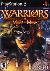 The PlayStation 2 cover for "Warriors of Might and Magic," produced by 3DO, features an action-adventure game with vibrant combat elements. It depicts a warrior in black, horned armor with glowing eyes against a stormy background. The title appears prominently in gold and red at the top, alongside the Teen rating symbol.