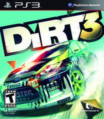 The "DiRT 3" PS3 game cover features a rally car racing with vibrant green and yellow splashes, the game's logo above it, a "Teen" rating at the bottom left, and Codemasters' logo at the bottom right.