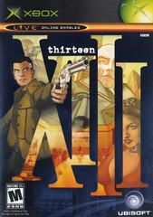 The Xbox game "XIII [Thirteen]" from Ubisoft features cel-shaded cover art with a first-person shooter hero holding a gun, surrounded by comic book-style images of a woman and an older man, against a vibrant background. The bold "thirteen" title stands out. Rated "M for Mature.