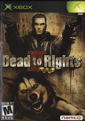 The cover image for the Xbox game "Dead to Rights 2" by Namco shows a man with raised guns in a gritty urban backdrop, and a fierce dog below. Rated "M" for mature, it promises an action-packed crime saga in an intense third-person shooter style, with the Namco logo at the bottom right.