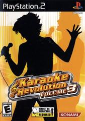 The cover of "Karaoke Revolution Volume 3" for PlayStation 2 by Konami features silhouettes of two people singing with microphones against a lively backdrop. The center displays the Karaoke Revolution logo, the "E for Everyone" rating, and the Konami logo.