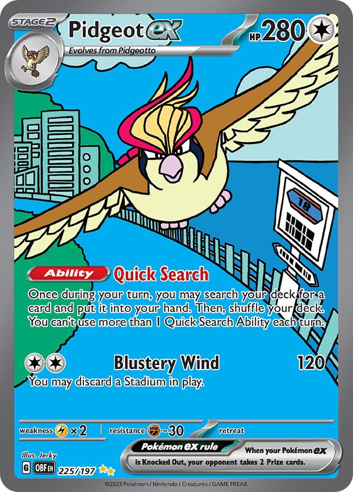 The Pokémon card, Pidgeot ex (225/197) from the Scarlet & Violet: Obsidian Flames collection, features 280 HP with abilities 