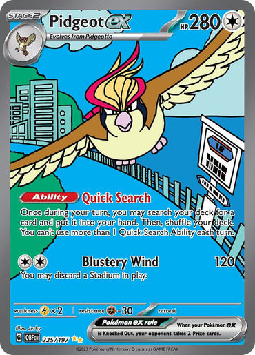 The Pokémon card, Pidgeot ex (225/197) from the Scarlet & Violet: Obsidian Flames collection, features 280 HP with abilities "Quick Search" and "Blustery Wind." It shows Pidgeot soaring over a cityscape. Weakness: lightning; Resistance: fighting; Retreat cost: one colorless energy.