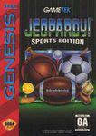 The "Jeopardy! Sports Edition" for Sega Genesis features cover art with a basketball, football, soccer ball, baseball, and tennis racket against a dark sports trivia backdrop. It prominently displays the Sega and GameTek logos along with a GA rating.