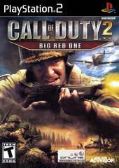 The "Call of Duty 2 Big Red One" cover on PlayStation 2 shows a WW II soldier aiming a rifle with warplanes and explosions in the background. The game's title is prominently displayed, rated Teen by ESRB, featuring publisher logos for Activision and Gray Matter.