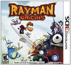 The "Rayman Origins" cover for Nintendo 3DS features a vibrant scene with the floating, limbless Rayman among cartoonish monsters in a platforming adventure. The title is at the top, while Nintendo 3DS and Ubisoft logos are at the bottom. It is rated E10+ by ESRB.