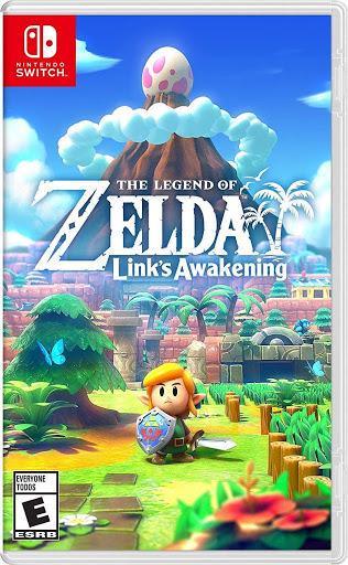 Cover of the Everything Games product "The Legend of Zelda Link's Awakening." It depicts Link holding a shield and standing in a colorful, whimsical landscape on Koholint Island, with lush greenery, a wooden fence, and a prominent egg atop a mountain. The ESRB rating is "E for Everyone.