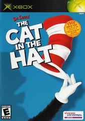 The cover of The Cat in the Hat video game by Everything Games features Dr. Seuss' iconic red and white striped hat tipped by a white-gloved hand against a blue background, with a yellow burst highlighting a free movie ticket offer and the E rating showcasing its broad appeal.