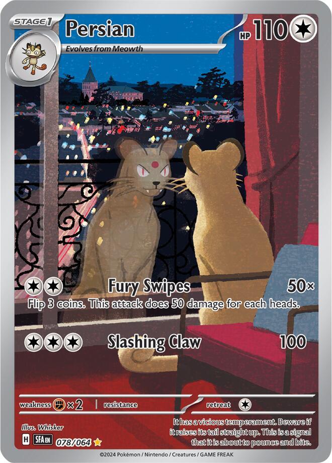 This Pokémon card, Persian (078/064) from the Scarlet & Violet: Shrouded Fable series, showcases the feline overlooking a starry cityscape. As a Colorless type with 110 HP, it features 