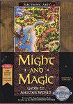 The cover of the Sega Genesis RPG "Might and Magic: Gates to Another World" by Electronic Arts displays a colorful fantasy map with dragons, mountains, and a river. The bold yellow title and distinctive logo are highlighted along with "Guide to Another World.