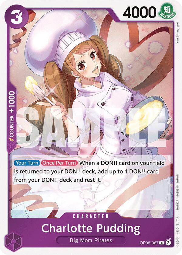 Bandai's "Charlotte Pudding [Two Legends]" trading card depicts her in a white chef outfit holding a glowing cake. The purple-bordered card from the DON!! Deck features 4000 power, special ability game text, and has "SAMPLE" overlaid.