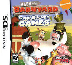 Nintendo DS video game cover for "Back at the Barnyard: Slop Bucket Games" by THQ. Showcases animated farm animals in front of a barn, featuring a juggling cow along with a pig, mouse, and chicken. Enjoy the finest games from the Barnyard series by Nickelodeon with an RP (Rating Pending) classification.