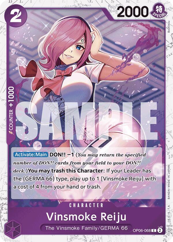 The Bandai Premium Booster -The Best- card, Vinsmoke Reiju (OP06-068), features the GERMA 66 character with pink hair and a sleek outfit, showcasing 2000 power and a 2 cost. It displays a geometric background with 