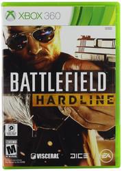 The Xbox 360 cover of "Battlefield Hardline" by EA Games features intense urban warfare with a man in sunglasses wielding a shotgun, the game's prominent logo, and logos for Visceral Games, DICE, and EA at the bottom. It has an ESRB rating of "M" for Mature.