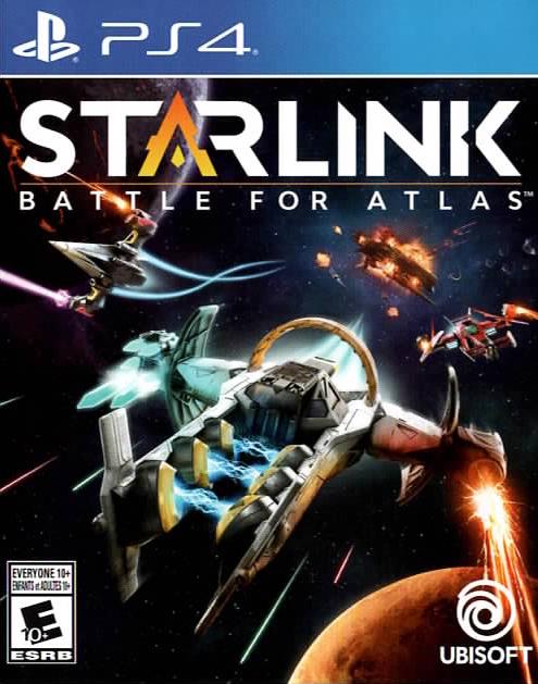 The PS4 cover for "Starlink: Battle for Atlas" features vibrant spaceship battles, customizable starships, and open-world exploration. The game's logo is at the top, with "Ubisoft" branding and an ESRB rating of "Everyone 10+" at the bottom amidst colorful explosions.