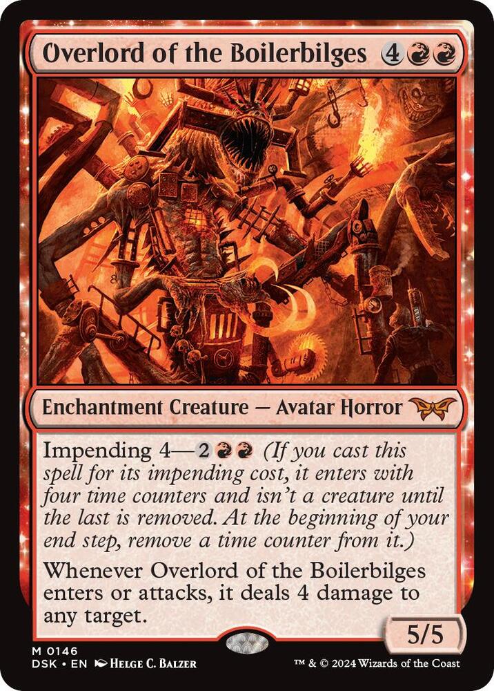 The card "Overlord of the Boilerbilges" from Magic: The Gathering's Duskmourn: House of Horror set, illustrated by Helge C. Balzer, is a red and black Enchantment Creature – Avatar Horror (5/5) with machinery and fiery elements, featuring impending cost mechanics and a potent damage ability.