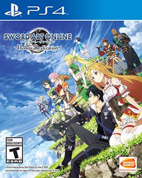 Cover for "Sword Art Online: Hollow Realization" on PlayStation 4 by Bandai Namco. Features anime characters with weapons on a grassy cliff under a blue sky, with the main character in the foreground. Rated T for Teen by ESRB.