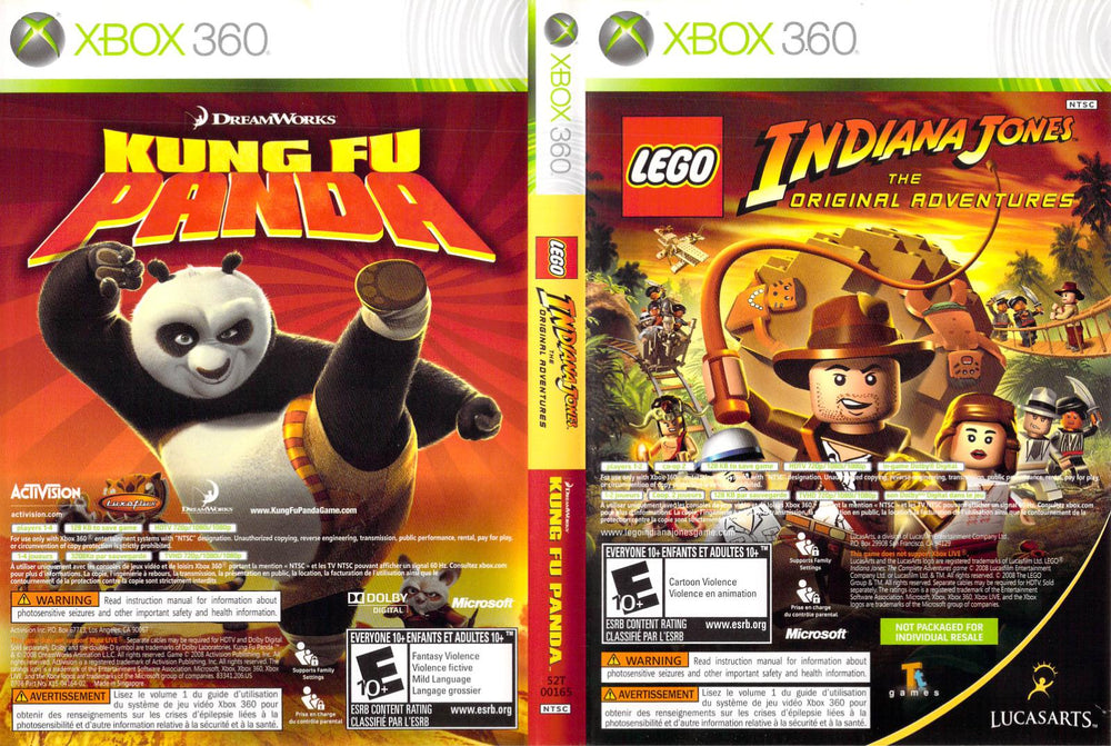 The Xbox 360 cover for "LEGO Indiana Jones and Kung Fu Panda Combo" by Microsoft showcases "Kung Fu Panda" on the left executing a high kick, and LEGO Indiana Jones on the right with his whip; both featuring ratings, logos, and publisher details.