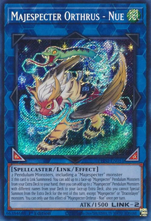 The Yu-Gi-Oh! card "Majespecter Orthrus - Nue [PHNI-EN051] Secret Rare" features a majestic Majespecter with a lion-like body and avian wings, swirling winds, sparkles, and a holographic blue border. It is a Link-2 Spellcaster with 1500 ATK and mesmerizing special effects.