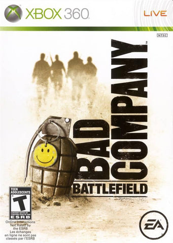 The cover of the Xbox 360 game "Battlefield: Bad Company," developed by EA Games, depicts a grenade adorned with a yellow smiley face pin. In the background, silhouetted soldiers are shown carrying rifles. The cover prominently displays the ESRB Teen rating alongside EA and Xbox 360 Live branding.