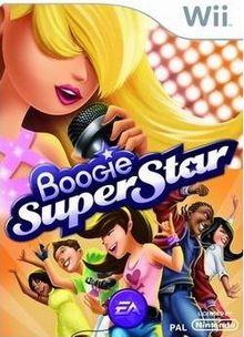 The cover art for EA Games' Wii title, "Boogie Superstar," showcases a lively blonde character belting out a tune into a microphone. Beneath her, an animated ensemble springs to life, dancing energetically under a dazzling display of bright lights. The game's title, "Boogie Superstar," is prominently displayed in striking blue and white letters.