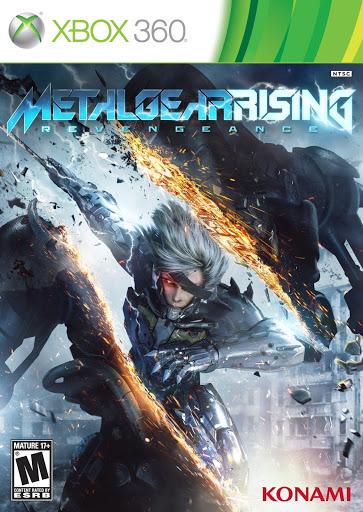 The "Metal Gear Rising Revengeance" cover for Xbox 360 features a silver-haired, visor-wearing warrior with a sword amidst dynamic action, debris, and sparks. The Xbox and Konami logos are shown, with an "M" Mature rating.