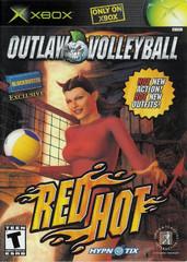 The cover of "Outlaw Volleyball Red Hot" for Xbox features intense volleyball action with quirky characters. A character in red holds a volleyball amidst flames, with text highlighting new action and outfits. It displays logos for Xbox, Hypnotix, "Only on Xbox," and is rated "Teen" by ESRB. Brand: Everything Games.