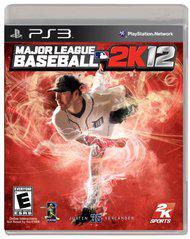 Cover of "Major League Baseball 2K12" for PS3, a thrilling simulation baseball game by 2K Sports. It features a pitcher in mid-throw in a white uniform against dynamic red and white swirls, with PlayStation Network and 2K Sports logos visible. Rated E for Everyone.