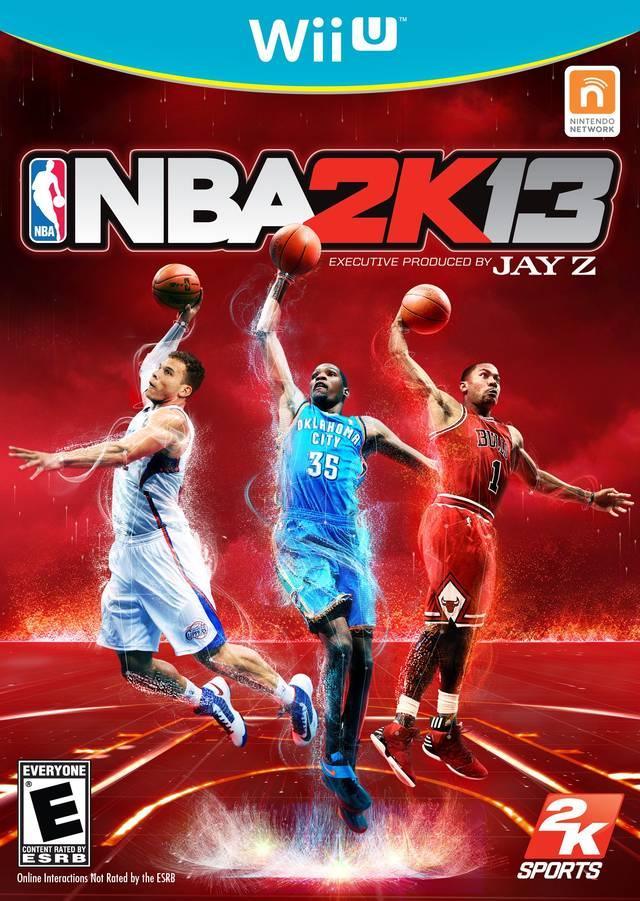 The NBA 2K13 cover for Wii U, by Everything Games, displays three basketball players against a dynamic red backdrop with sparks. 