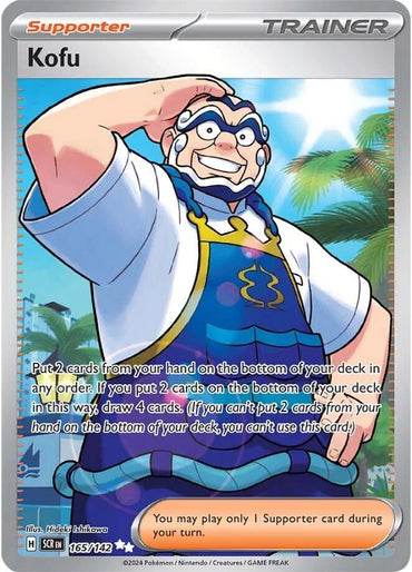 The image features a Pokémon card titled "Kofu (165/142) [Scarlet & Violet: Stellar Crown]" from Pokémon, showing Kofu as an older man in a blue and white outfit with glasses. This Ultra Rare "Trainer Supporter" card offers deck management instructions and a vibrant background design.