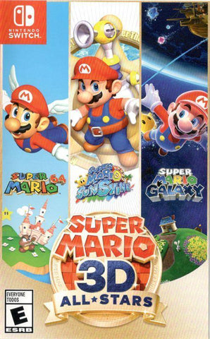 The cover art for "Super Mario 3D All-Stars" on Nintendo Switch by Nintendo highlights remastered versions of "Super Mario 64," "Super Mario Sunshine," and "Super Mario Galaxy." It features game logos, an ESRB rating of "Everyone," and Mario in his iconic red hat and blue overalls.