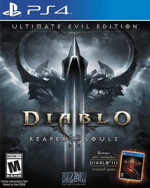 The PS4 cover for Diablo III Reaper of Souls [Ultimate Evil Edition] by Blizzard features a dark figure in horned armor with a glowing sword. Includes the original 