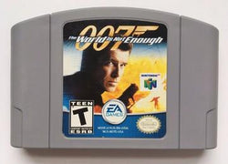 Gray Nintendo 64 cartridge for "007 The World is Not Enough" by Everything Games, features James Bond holding a gun against a fiery backdrop with Nintendo 64, EA Games logos, and an ESRB Teen rating on the cover art.