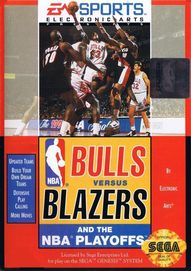 The cover art for EA Sports' "Bulls Vs Blazers and the NBA Playoffs" on Sega Genesis displays Chicago Bulls and Portland Trail Blazers players in action, with game details and logos prominently featured.