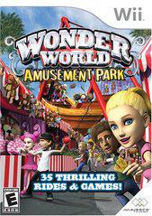 The cover of Majesco's Wii game "Wonder World Amusement Park" features a lively amusement park setting filled with colorful rides, games, and characters. A roller coaster and carousel can be seen, with enthusiastic visitors enjoying the attractions. The text highlights "35 Thrilling Rides & Games!